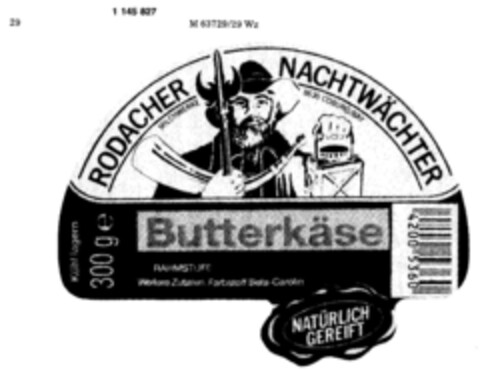 RODACHER NACHTWÄCHTER Butterkäse RAHMSTUFE Logo (DPMA, 01.10.1988)