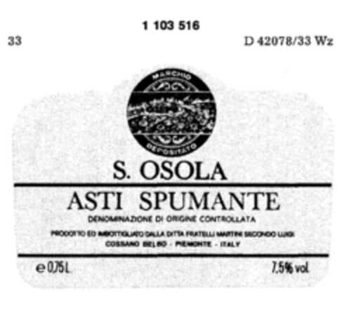 S.OSOLA ASTI SPUMANTE Logo (DPMA, 23.04.1986)