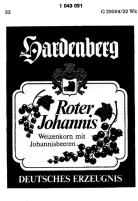 Hardenberg Roter Johannis Weizenkorn mit Johannisbeeren Deutsches Erzeugnis Logo (DPMA, 04/10/1982)