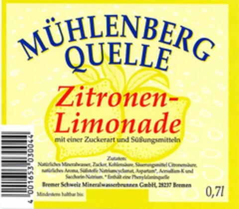 MÜHLENBERG QUELLE Zitronen-Limonade Logo (DPMA, 03.12.2003)