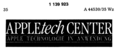 APPLEtech CENTER APPLE TECHNOLOGIE IN ANWENDUNG Logo (DPMA, 05.05.1988)
