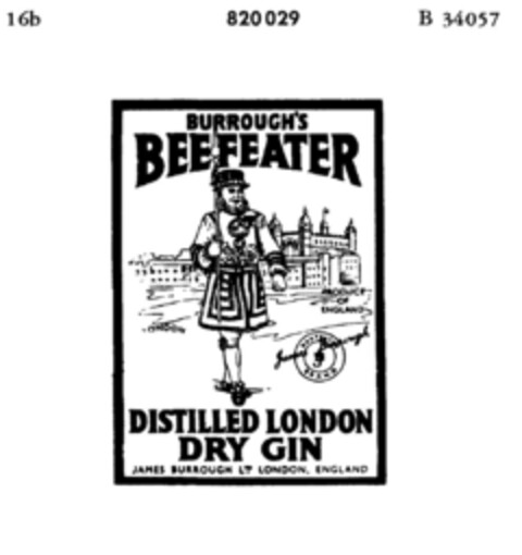 BURROUGH`S BEEFEATER DISTELLED LONDON DRY GIN Logo (DPMA, 13.07.1965)