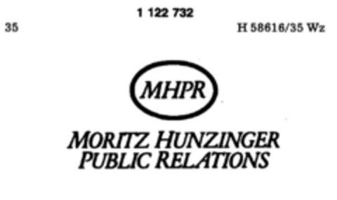 MHPR MORITZ HUNZINGER PUBLIC RELATIONS Logo (DPMA, 11/19/1987)