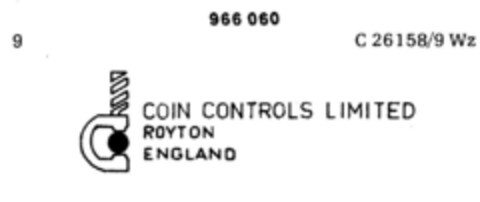 COIN CONTROLS LIMITED ROYTON ENGLAND Logo (DPMA, 02/14/1977)