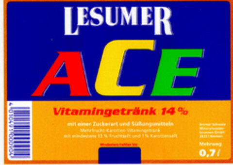 LESUMER ACE Vitamingetränk 14% Logo (DPMA, 27.10.1999)