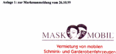 MASK MOBIL Vermietung von mobilen Schmink- und Garderobenfahrzeugen Logo (DPMA, 02.11.1999)