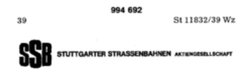 SSB STUTTGARTER STRASSENBAHNEN AKTIENGESELLSCHAFT Logo (DPMA, 02.04.1979)