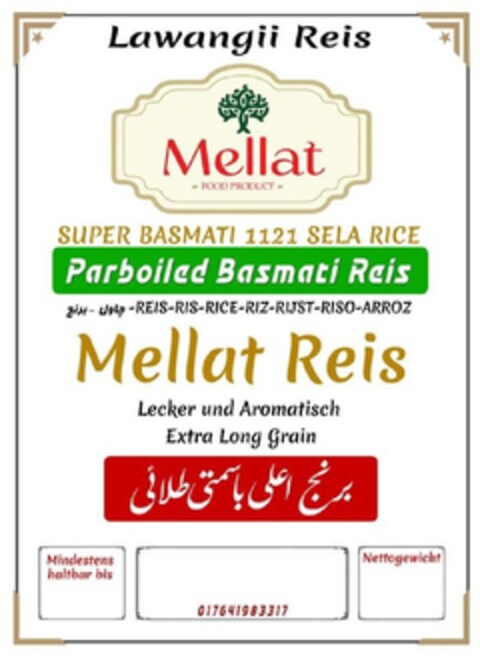 Lawangii Reis Mellat SUPER BASMATI 1121 RICE Mellat Reis Logo (DPMA, 09/13/2024)