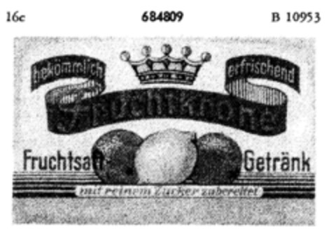 bekömmlich Fruchtkrone erfrischend Fruchtsaft-Getränk Logo (DPMA, 25.11.1954)