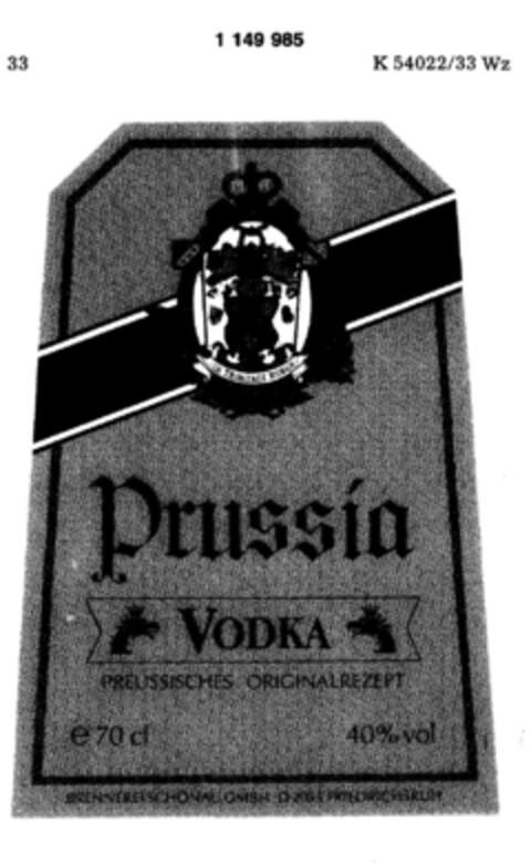 Prussia VODKA Logo (DPMA, 02/22/1989)