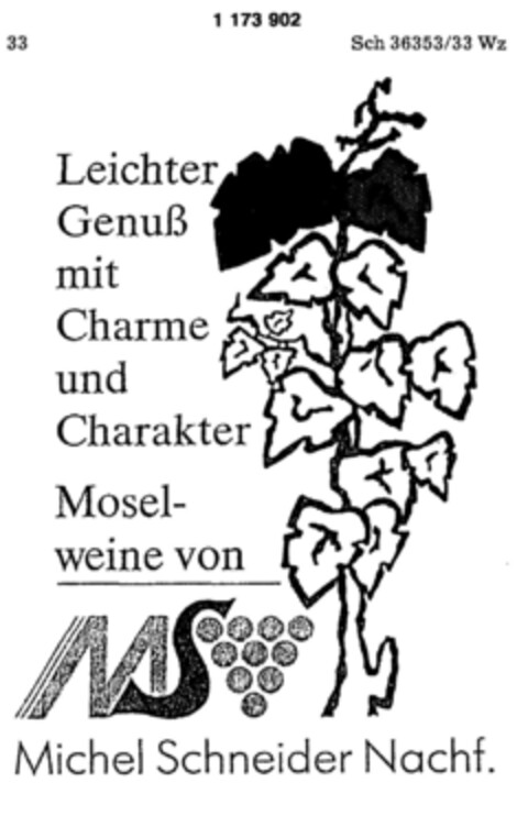 Leichter Genuß mit Charme und Charakter Moselweine von MS Michel Schneider Nachf. Logo (DPMA, 19.06.1990)