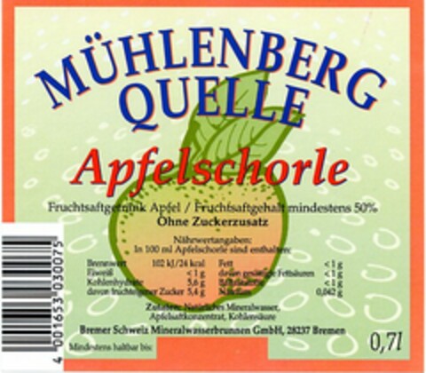 MÜHLENBERG QUELLE Apfelschorle Logo (DPMA, 12/03/2003)