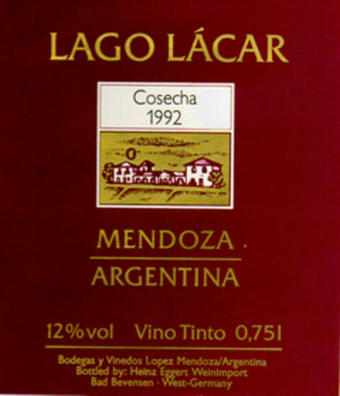 LAGO LACAR Cosecha 1992 MENDOZA ARGENTINIA Logo (DPMA, 12/19/1994)