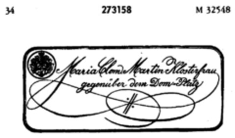 Maria Clem. Martin Klosterfrau gegenüber dem Dom-Platz Logo (DPMA, 03.06.1921)