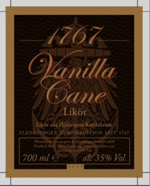 1767 Vanilla Cane Likör Likör aus 15jährigem Karibikrum FLENSBURGER RUMTRADITION SEIT 1767 Logo (DPMA, 19.01.2016)