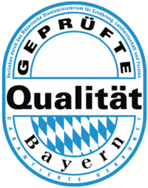 Verliehen durch das Bayerische Staatsministerium für Ernährung, Landwirtschaft und Forsten GEPRÜFTE Bayern Qualität GARANTIERTE HERKUNFT Logo (DPMA, 15.06.2020)