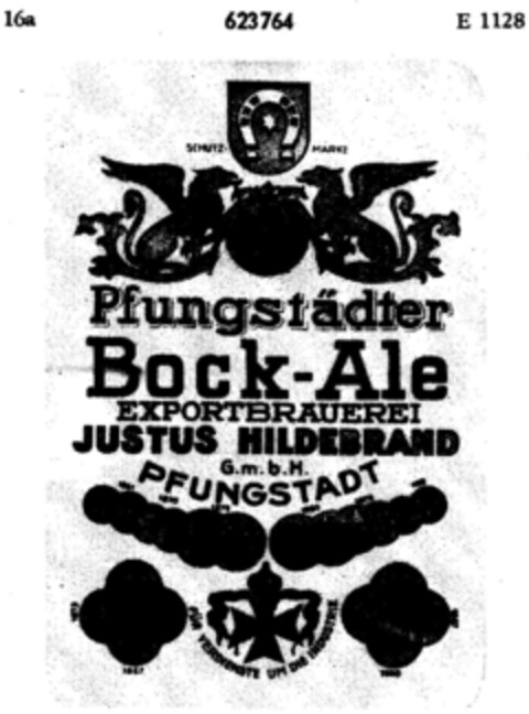 SCHUTZMARKE Pfungstädter Bock-Ale EXPORTBRAUEREI JUSTUS HILDEBRAND G.m.b.H. PFUNGSTADT Logo (DPMA, 04/19/1951)
