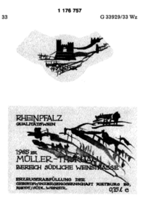 1985ER RHEINPFALZ QUALITÄTSWEIN 1985 ER MÜLLER-THURGAU Logo (DPMA, 16.01.1987)