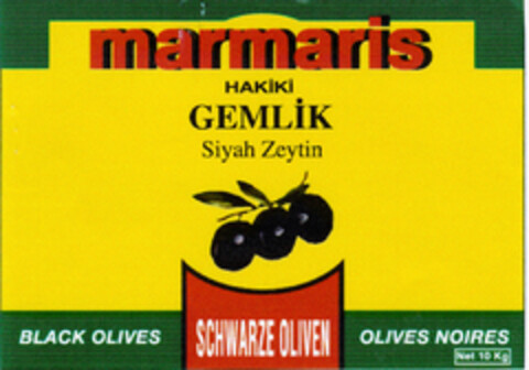 marmaris HAKIKI GEMLIK Siyah Zeytin SCHWARZE OLIVEN Logo (DPMA, 08.07.1999)