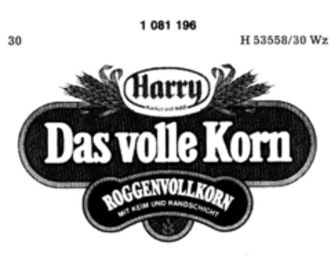 Harry Das volle Korn ROGGENVOLLKORN MIT KEIM UND RANDSCHICHT Logo (DPMA, 12/21/1984)