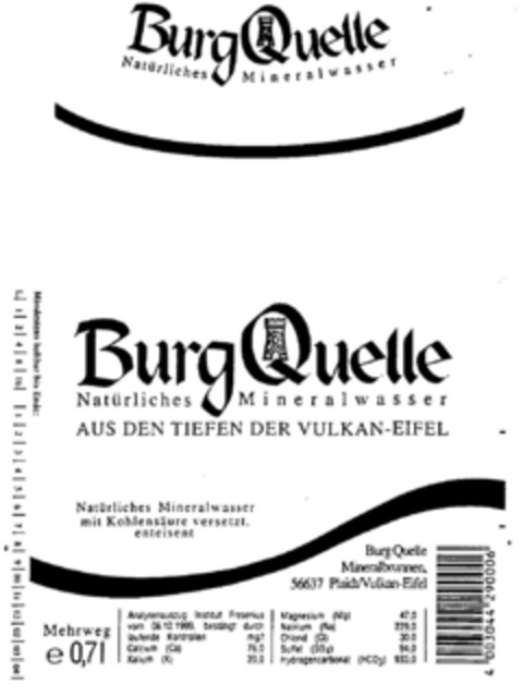 BurgQuelle Natürliches Mineralwasser AUS DEN TIEFEN DER VULKAN-EIFEL Logo (DPMA, 07.10.2000)