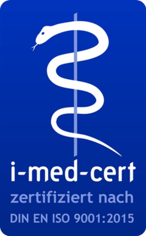 i-med-cert zertifiziert nach DIN EN ISO 9001:2015 Logo (DPMA, 13.01.2016)