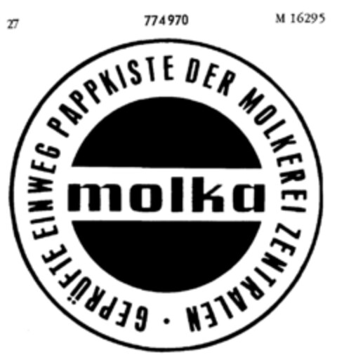 molka GEPRÜFTE EINWEG PAPPKISTE DER MOLKEREI ZENTRALE Logo (DPMA, 08.04.1960)