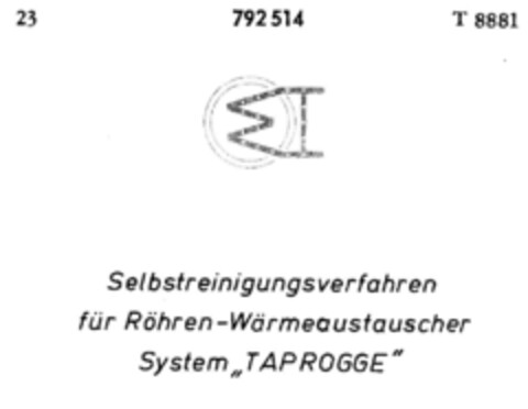 Selbstreinigungsverfahren für Röhren-Wärmeaustauscher System "TAPROGGE" Logo (DPMA, 04.05.1963)