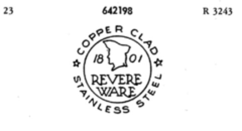 COPPER CLAD STAINLESS STEEL 1801 REVERE WARE Logo (DPMA, 05/06/1952)