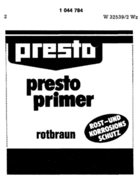 presto presto primer ROST- UND KORROSIONSSCHUTZ Logo (DPMA, 22.07.1982)