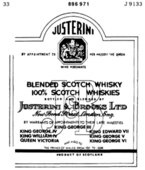 JUSTERINI BLENDED SCOTCH WHISKY Logo (DPMA, 08/24/1970)