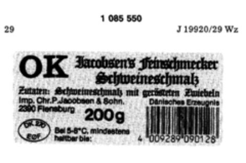OK Jacobsen`s Feinschmecker Schweineschmalz Logo (DPMA, 20.03.1985)