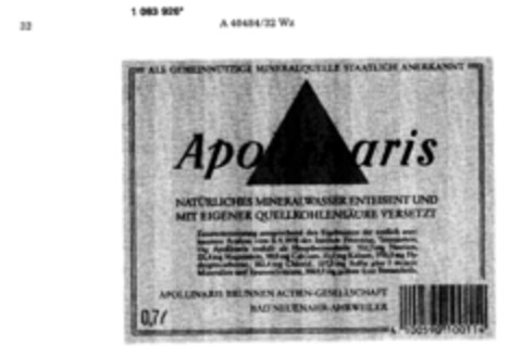 Apollinaris NATÜRLICHES MINERALWASSER ENTEISEND UND MIT EIGENER QUELLENSÄURE VERSETZT Logo (DPMA, 10.10.1985)