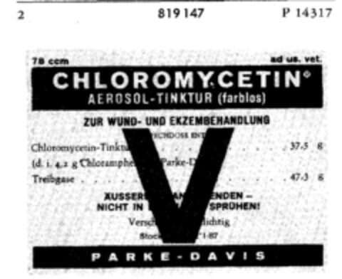 CHLOROMYCETIN AEROSOL-TINKTUR (farblos) V PARKE-DAVIS Logo (DPMA, 03/09/1965)