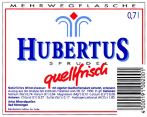 HUBERTUS SPRUDEL quellfrisch Logo (DPMA, 05/21/1993)