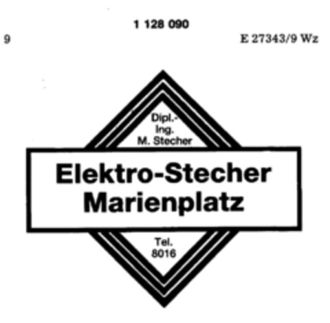 Dipl.-Ing. M. Stecher Elektro-Stecher Marienplatz Tel. 8016 Logo (DPMA, 08.02.1988)