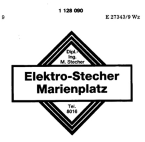 Dipl.-Ing. M. Stecher Elektro-Stecher Marienplatz Tel. 8016 Logo (DPMA, 02/08/1988)