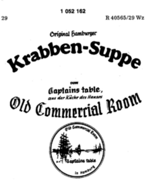 Original Hamburger Krabben-Suppe vom Captains table, aus der Küche des Hauses Old Commercial Room Logo (DPMA, 16.11.1982)