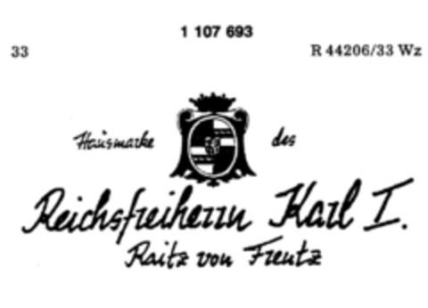 Hausmarke des Reichsfreiherrn Karl I. Raitz von Frentz Logo (DPMA, 11.04.1986)
