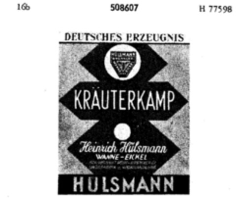 KRÄUTERKAMP Heinrich Hülsmann WANNE-EICKEL HÜLSMANN Logo (DPMA, 17.09.1938)