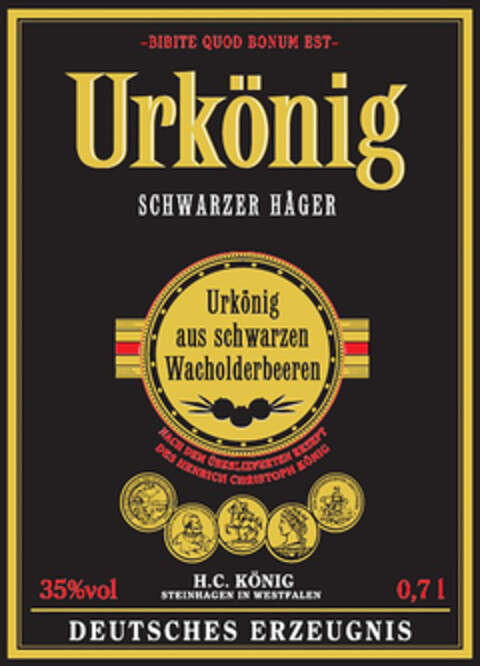 Urkönig SCHWARZER HÄGER Urkönig aus schwarzen Wacholderbeeren DEUTSCHES ERZEUGNIS Logo (DPMA, 03/09/2023)