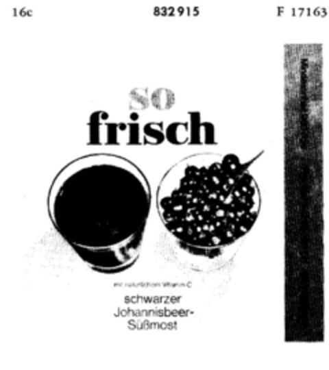 so frisch schwarzer Johannisbeer-Süßmost Logo (DPMA, 20.05.1966)