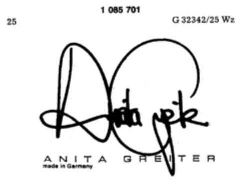 ANITA GREITER made in Germany Logo (DPMA, 24.05.1985)