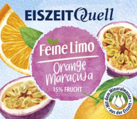 EISZEIT Quell Feine Limo Orange Maracuja 15% FRUCHT Mit dem Mineralwasser aus der Eiszeit Logo (DPMA, 03/15/2024)