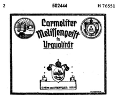 Carmeliter Melissengeist in Urqualtiät Logo (DPMA, 02/03/1938)