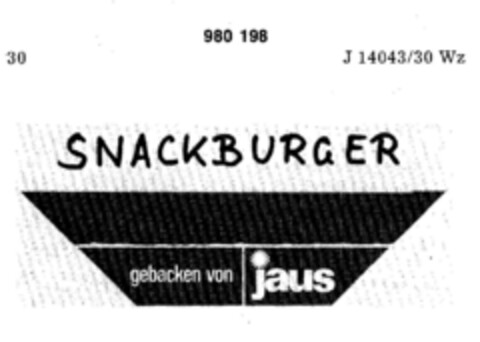 SNACKBURGER gebacken von jaus Logo (DPMA, 19.05.1978)