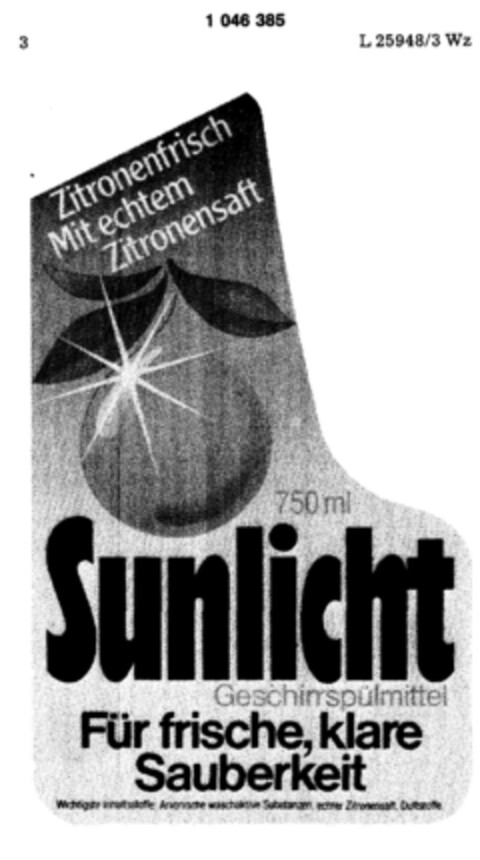 Sunlicht Geschirrspülmittel Für frische, klare Sauberkeit Logo (DPMA, 04.09.1982)