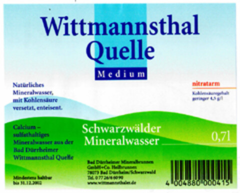 Wittmannsthal Quelle Medium Schwarzwälder Mineralwasser Logo (DPMA, 30.04.2001)