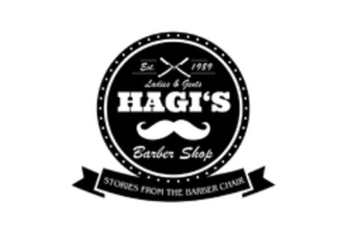 Est. 1989 Ladies & Gents HAGI`S Barber Shop STORIES FROM THE BARBER CHAIR Logo (DPMA, 26.04.2016)