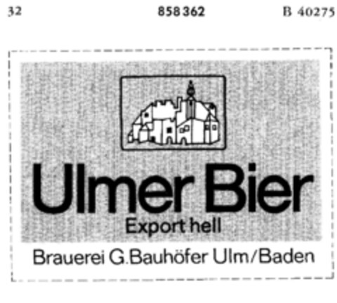 Ulmer Bier Export hell Logo (DPMA, 05/14/1968)